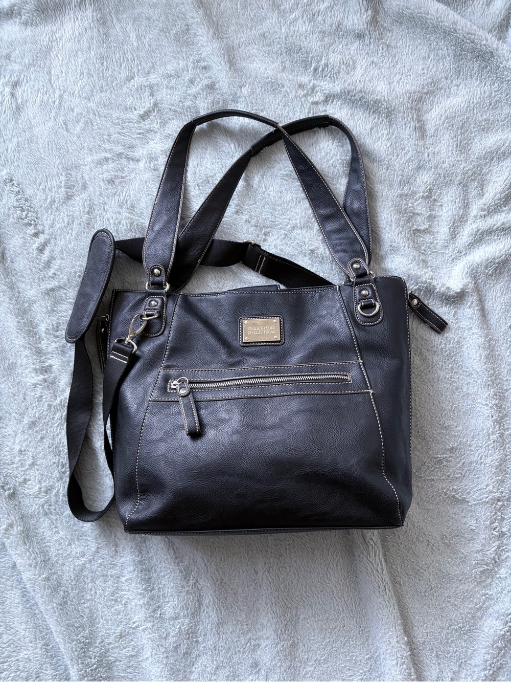 Kenneth Cole Reaction Black Leather Crossbody Tote with Front Zip Pocket